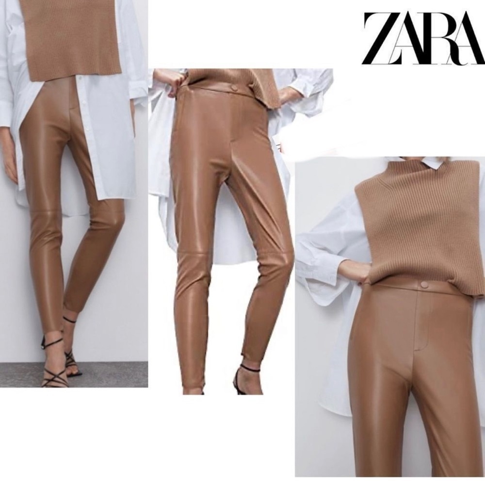 𝅺ZARA camel brown faux leather vegan hi-rise leggings Sz S